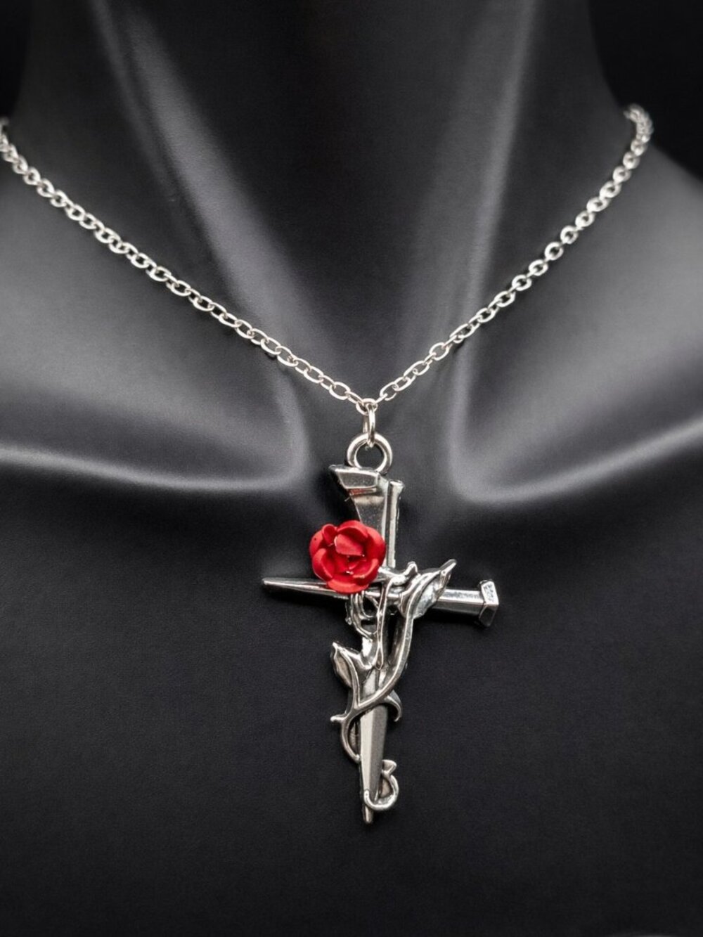 Gothic Thorn Rose Cross Necklace Dark Romance Vampire Goth Jewelry